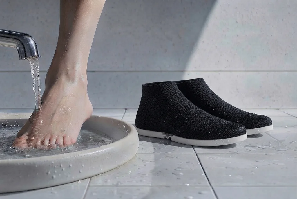 Water runs over a bare foot on a basin; the black knit upper waits on the tiles beside it.